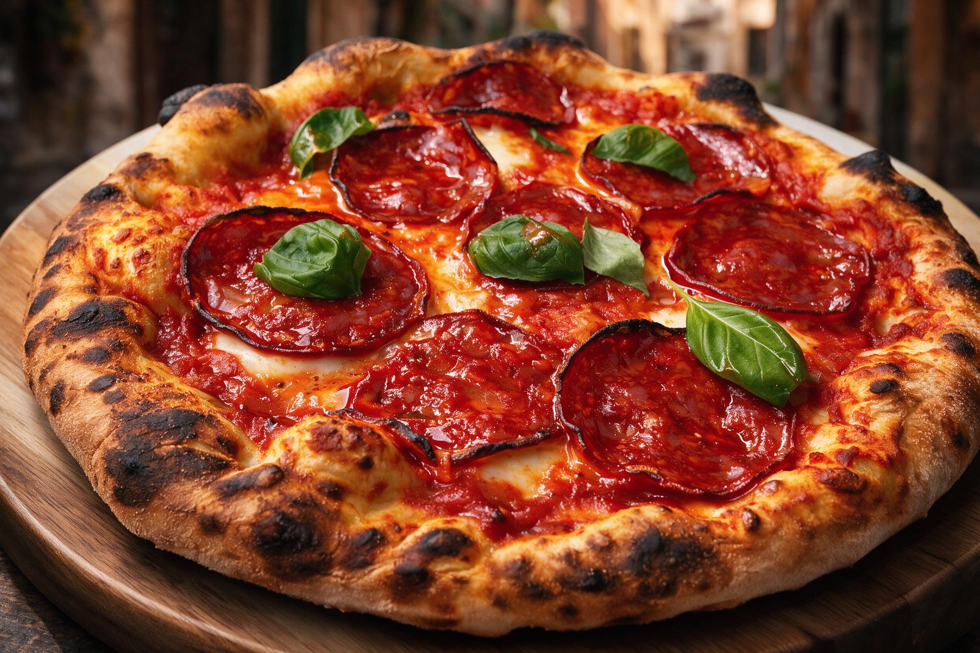 Pizza Diavola de Il Faro, pizza de salame picante horneada en horno de leña