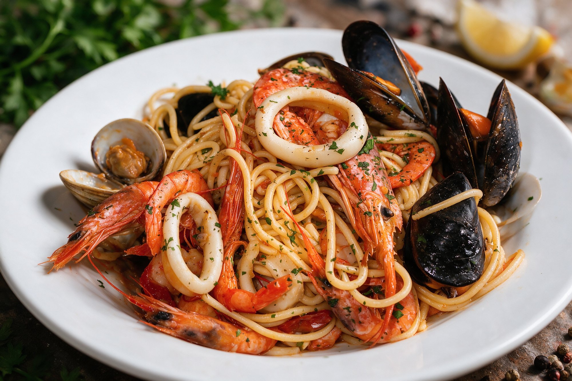 Spaghetti ai frutti di mare de Il Faro con mejillones, almejas y gambas