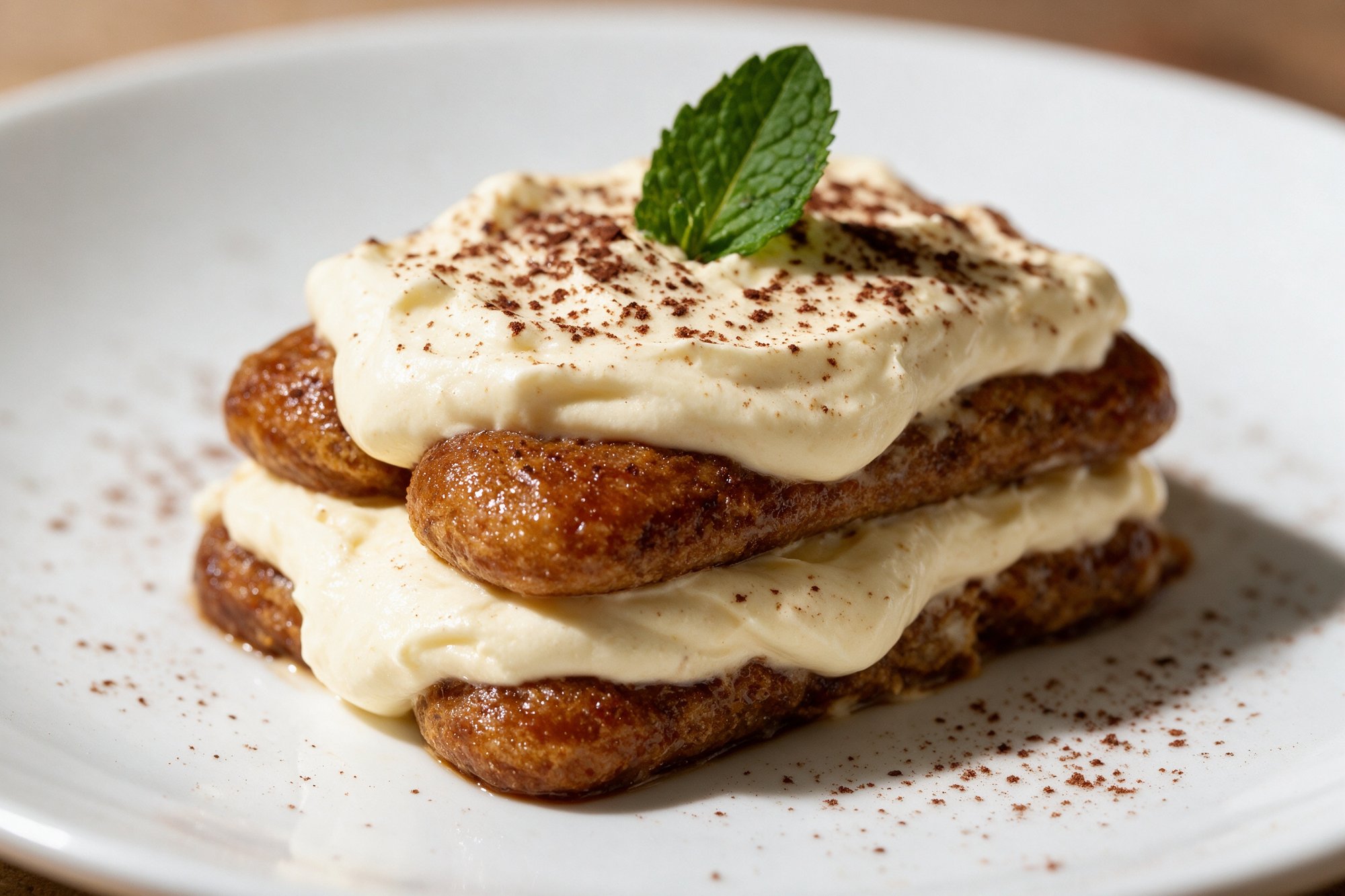 Tiramisú clásico de Il Faro espolvoreado con cacao en polvo