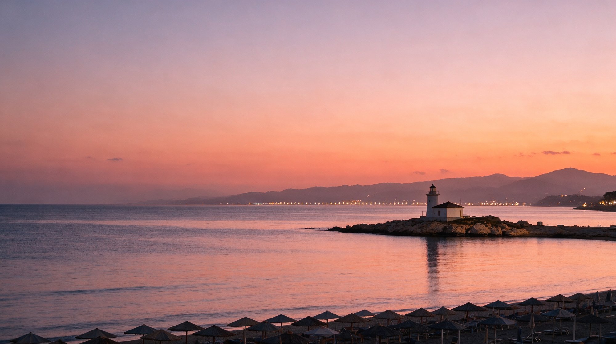 Atardecer junto al mar en Torrox con un faro al fondo, cielo naranja y violeta sobre el Mediterráneo